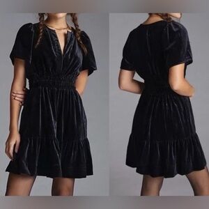 Anthropologie Maeve Somerset Velvet Tiered Mini Dress Pockets Black Size M